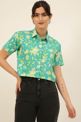 block print collared cotton women's fusion wear shirt - sea green