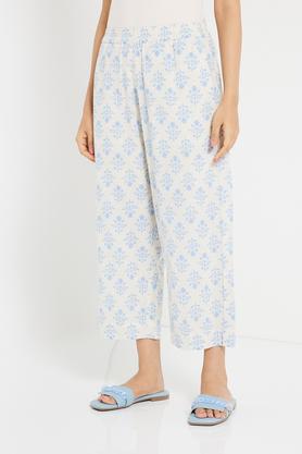 block print cotton pants for women - light blue