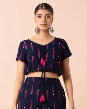 block print crop top with tie-up