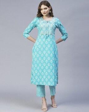 block print embroidered kurta with trouser set and dupatta set