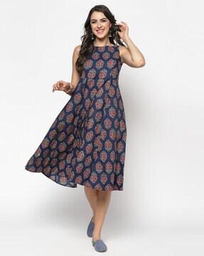 block print fit and flare dress