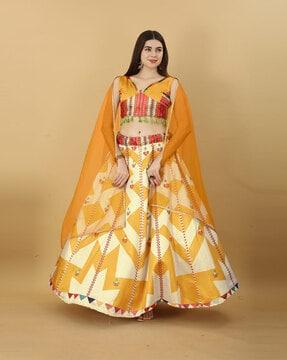 block print flared lehenga set with dupatta