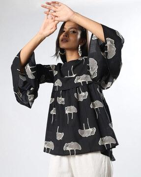 block print flared top with bell sleeves