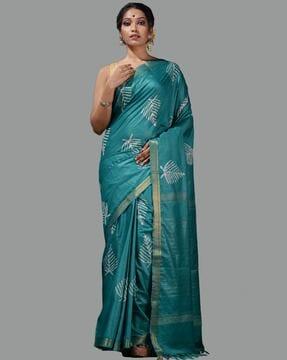 block print handwoven saree with tassels