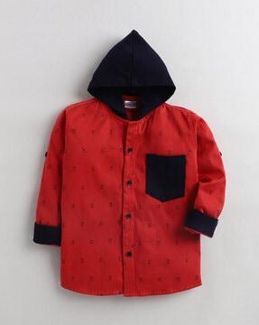 block print hooded shirt with patch pocket