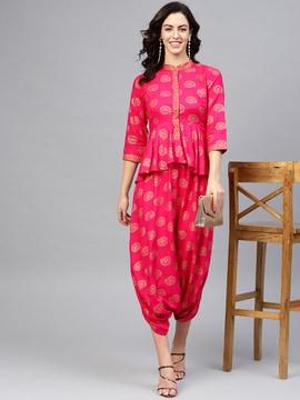 block print jumpsuit with band collar
