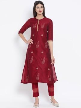 block print kurta set with round-neck