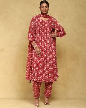 block print kurta with pants dupatta & inner