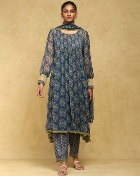 block print kurta with pants dupatta & inner