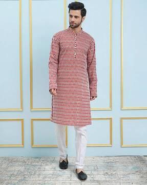 block print long kurta with mandarin collar