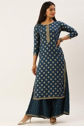 block print rayon v-neck women's kurta set - teal