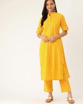 block print roll-up sleeves straight kurta set