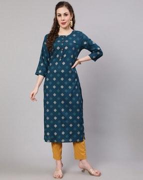 block print round-neck straight kurta