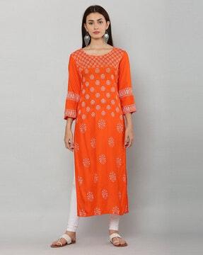 block print round-neck straight kurta