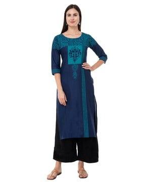 block print round-neck straight kurta