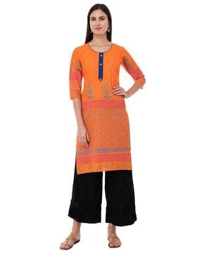 block print round-neck straight kurta