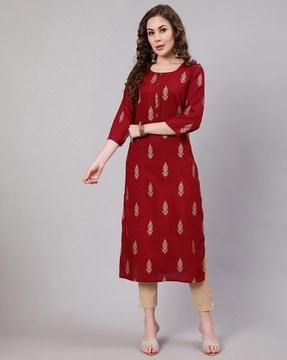 block print round-neck straight kurta