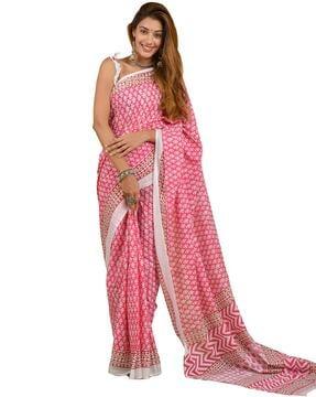 block print saree with contrast border