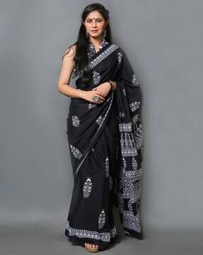 block print saree with contrast border