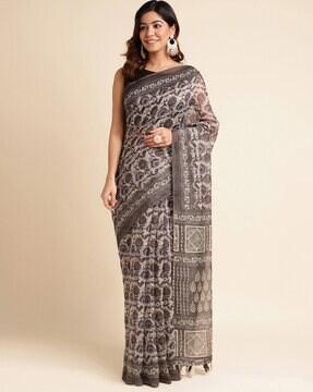 block print saree with tassels