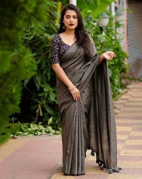 block print saree with tassels