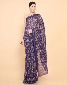 block-print saree with unstitched blouse piece