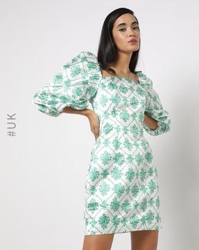 block print shift dress with puff sleeves