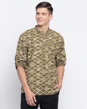 block print shirt kurta with mandarin collar