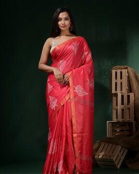 block print silk saree with contrast border