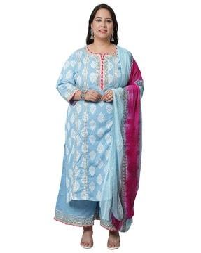 block print straight kurta & palazzos with dupatta