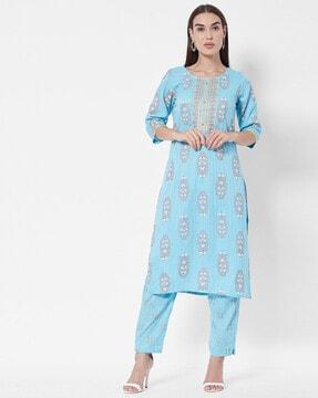 block print straight kurta & pant set