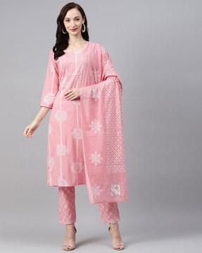 block print straight kurta set with dupatta