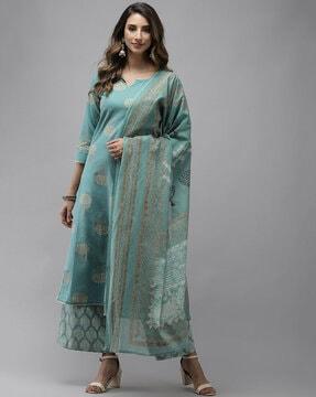 block print straight kurta set with dupatta