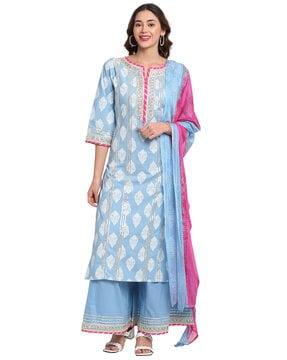 block print straight kurta set with dupatta