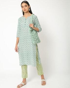 block print straight kurta set