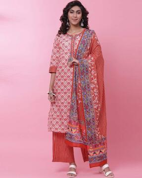 block print straight kurta set