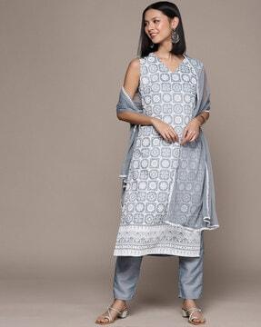 block print straight kurta set