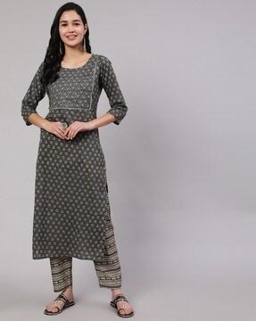 block print straight kurta set