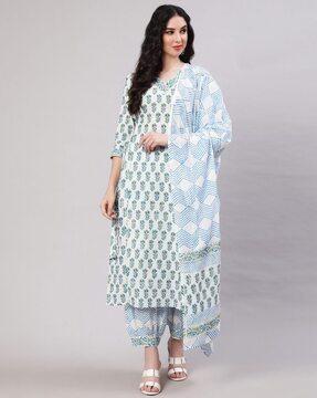 block print straight kurta set