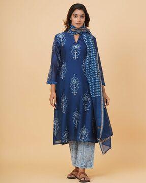 block print straight kurta set