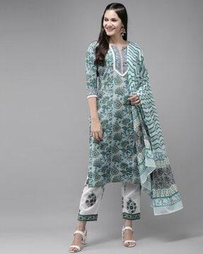 block print straight kurta with pants & dupatta