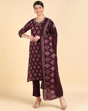 block print straight kurta with pants & dupatta