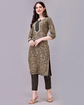 block print straight kurta with pants