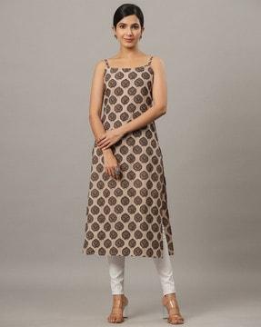 block print straight kurta with strappy sleeves