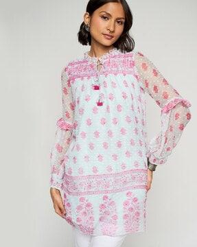 block print straight tunic with sheer sleeves