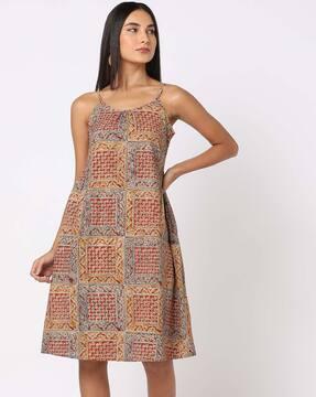 block print strappy a-line dress