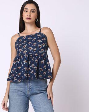 block print strappy peplum top