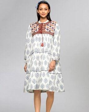 block print tiered dress with neck tie-up