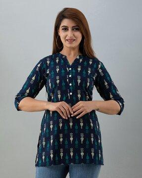 block print tunic with collar neck