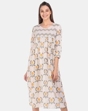 block print v-neck a-line dress